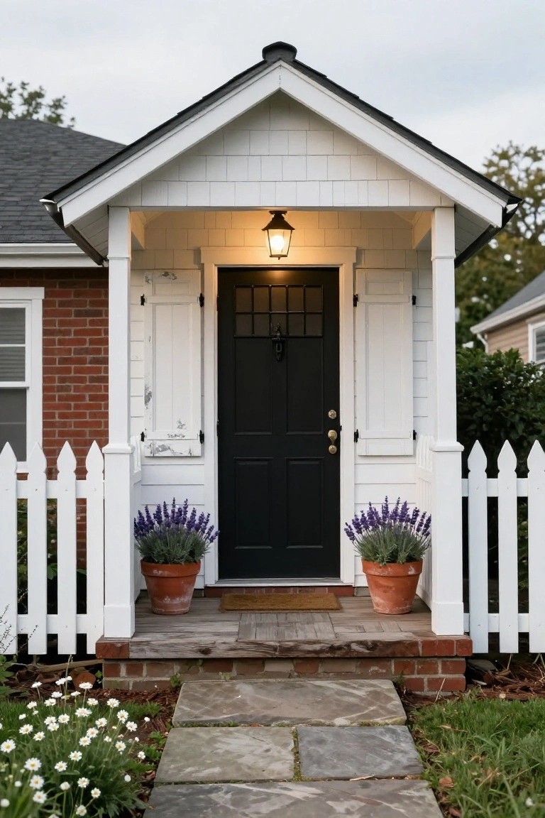Red brick cottage house exterior with white shiplap gabled porch, black front door with brass knob, white shutters, potted lavender plants flanking the entry, white picket fence sections, lantern light, and stone walkway.
