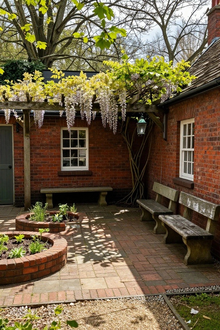 Red brick courtyard patio with wooden benches against brick walls, circular brick planters filled with herbs and plants, wisteria vines and flowers draped from a wooden pergola structure, a hanging lantern, and trees overhead.