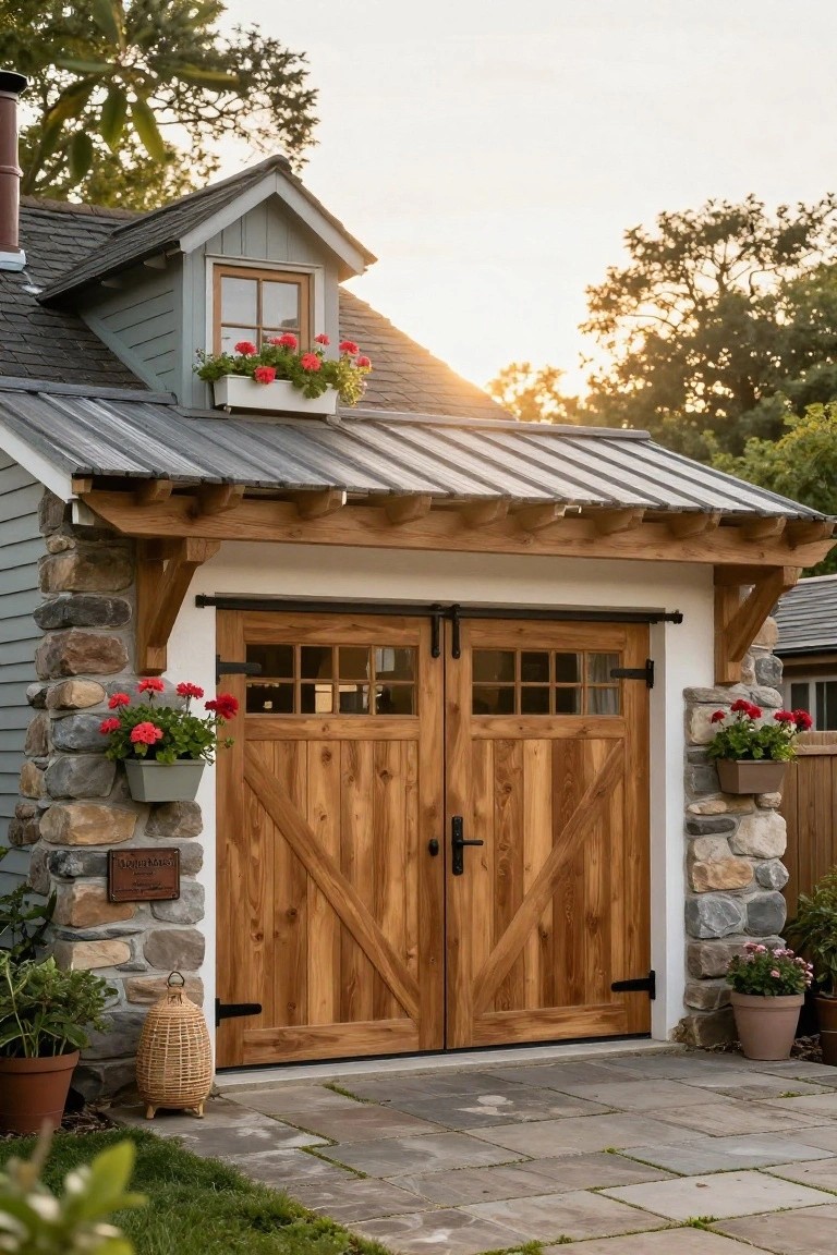 Rustic wooden garage doors on stone cottage with flower boxes at sunset.