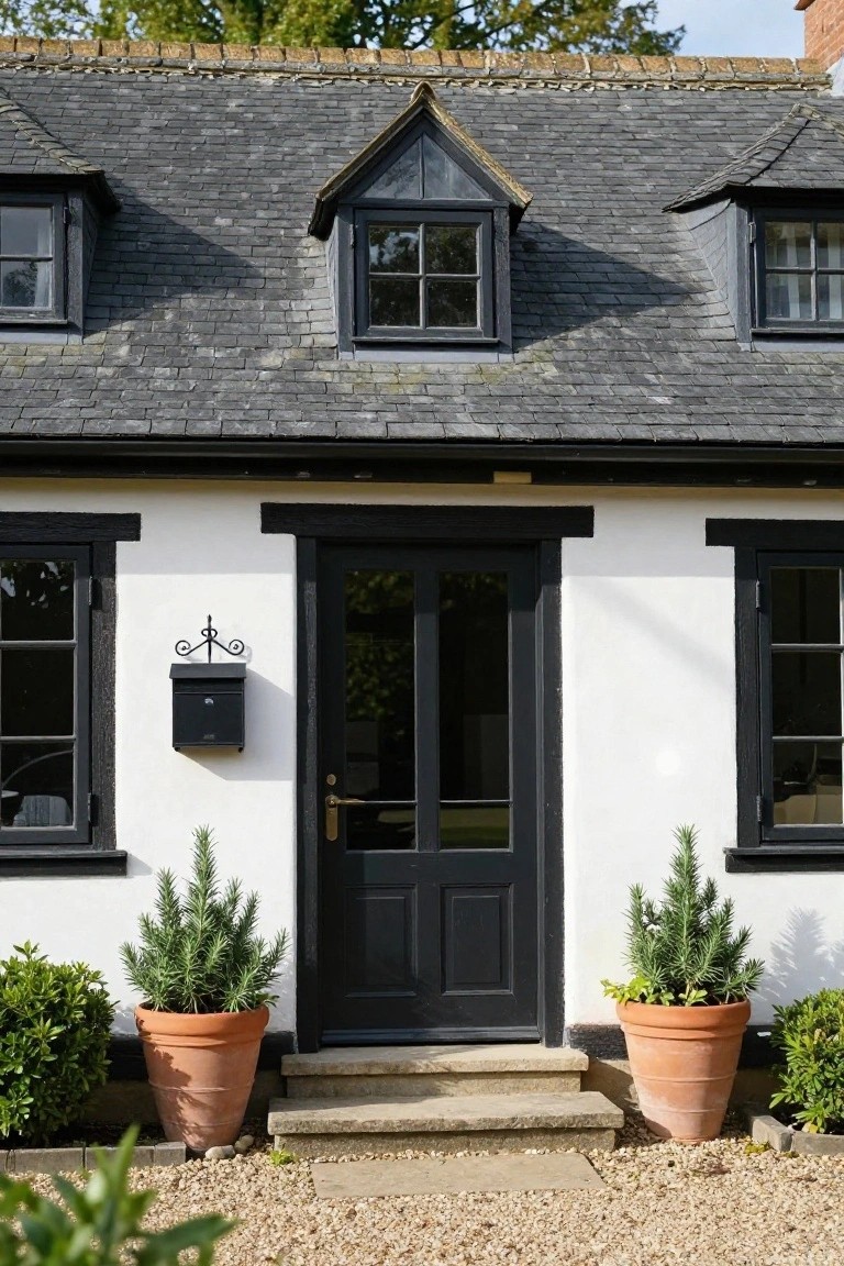 White cottage house with black window frames, black front door with glass panels, slate roof, wall-mounted mailbox, and two large terracotta pots with small conifer trees flanking the entrance on a gravel path.