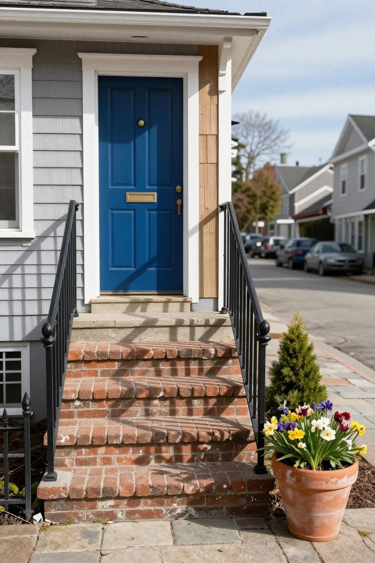 Gray shingle-sided house exterior featuring a bright blue front door with brass knocker and mail slot, flanked by white trim, black metal railing on brick steps, a terracotta pot of colorful flowers, and a small evergreen shrub nearby.