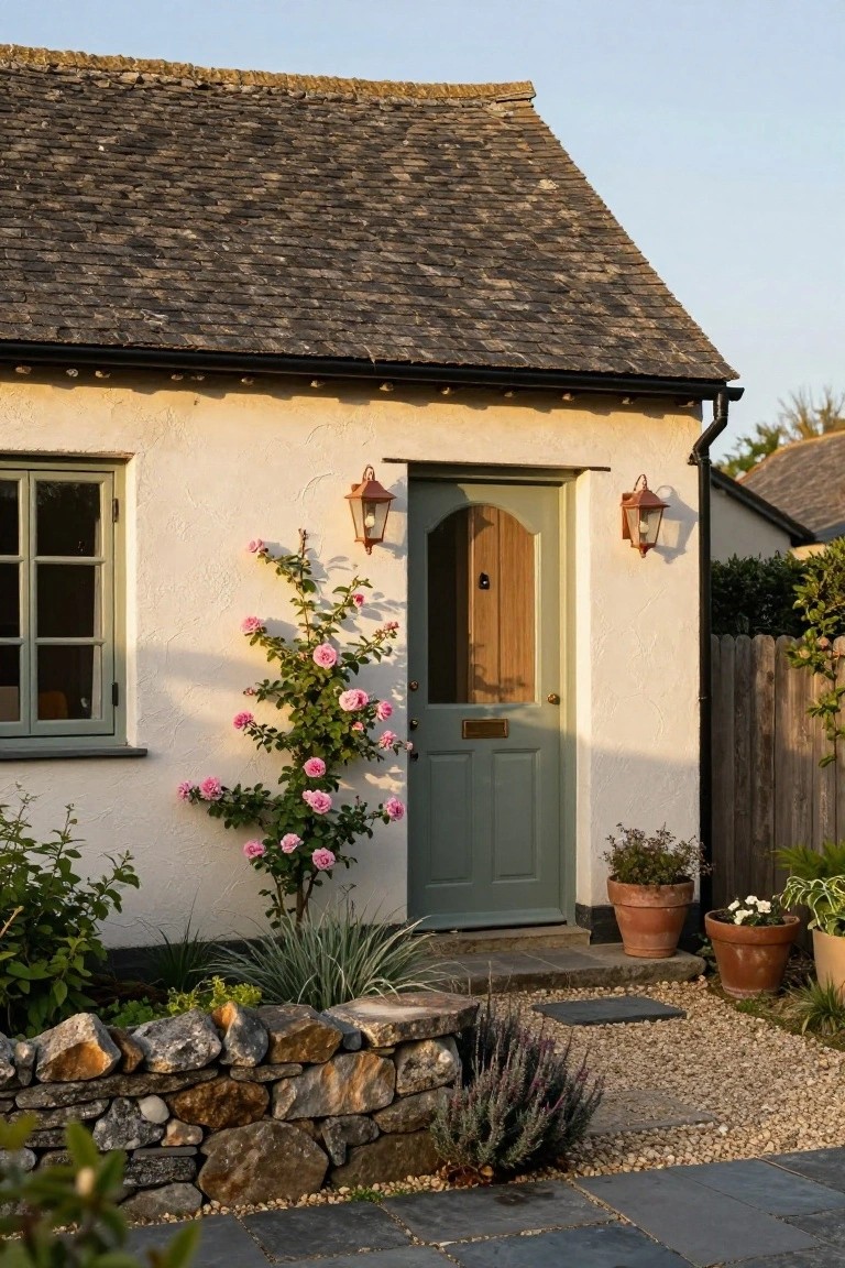 Cream stucco cottage exterior with arched sage green front door, flanked by copper lanterns, pink climbing roses on the wall, stone retaining wall, potted plants, and gravel path.