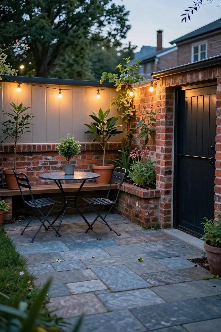 Cozy brick patio with string lights, bistro table, chairs, and potted plants.