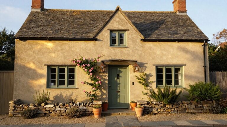 21 Cottage Exterior Transformations That Show Before and After Magic Cream stucco cottage exterior with arched sage green front door, flanked by copper lanterns, pink climbing roses on the wall, stone retaining wall, potted plants, and gravel path.