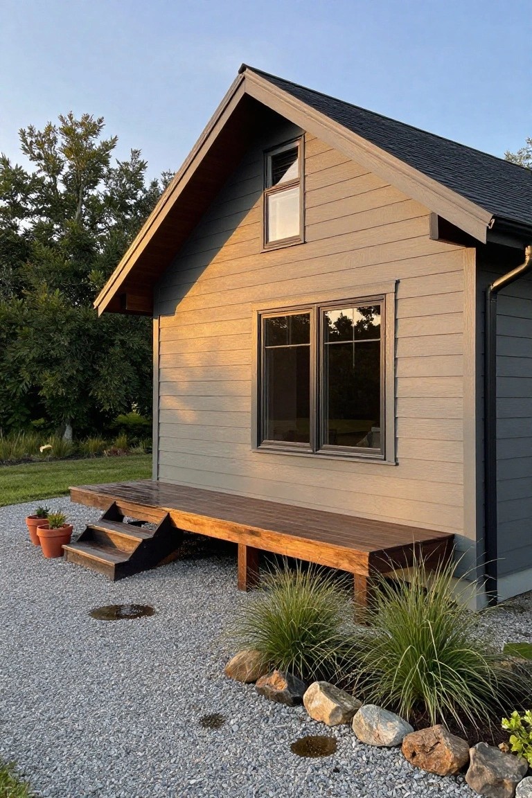 Side exterior view of a small gabled cottage with light gray board-and-batten siding, dark shingle roof, black-framed windows, elevated wooden deck porch with stairs, gravel yard, ornamental grasses, potted plants, and border rocks.