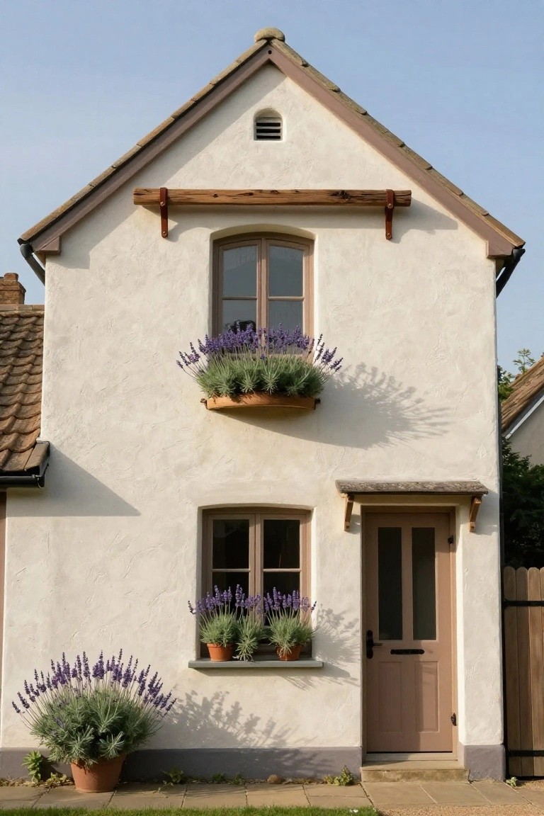 White stucco cottage with gabled roof, lavender plants in a window box above the entry, pots on sills and flanking the wooden door, and a picket fence beside a paved path.