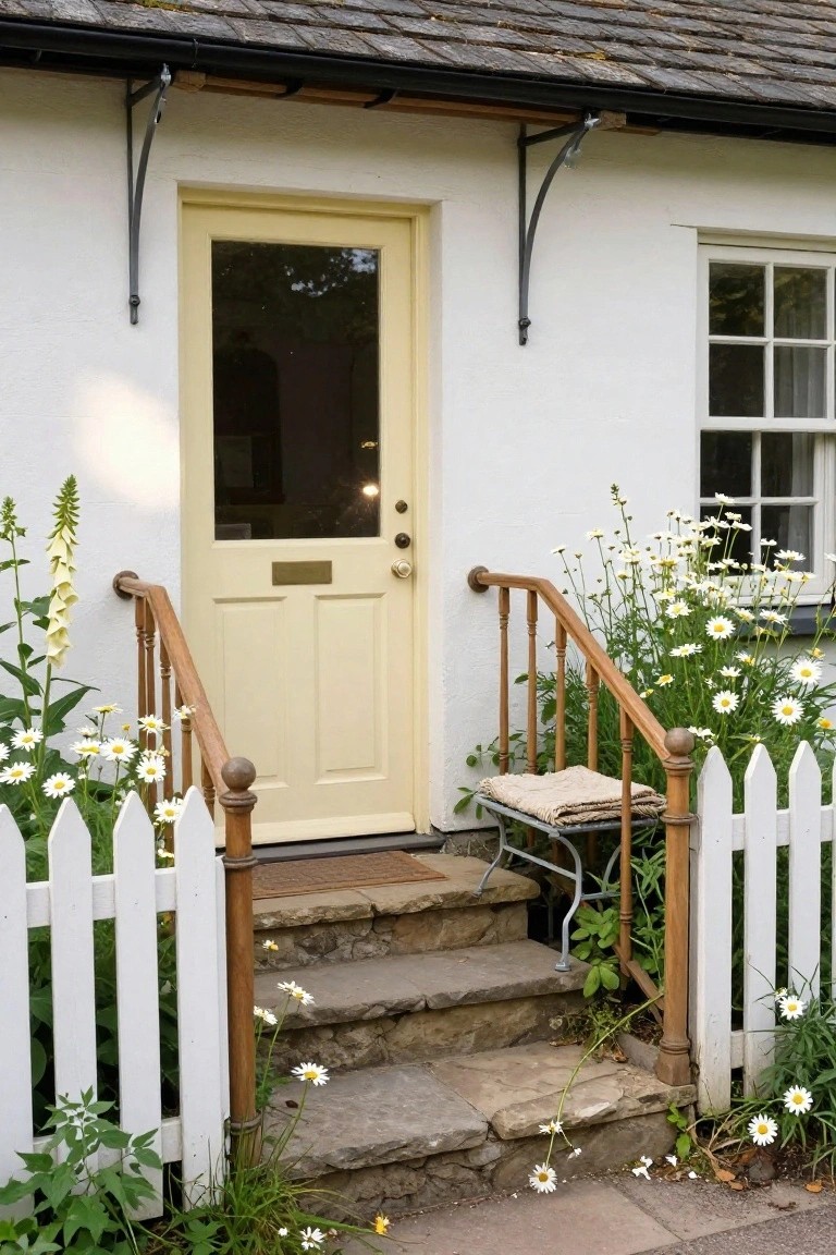 White cottage exterior featuring a pale yellow glass-paneled front door with brass knocker, stone steps with wooden railing, white picket fence, and borders of daisies, foxgloves, and other flowers.