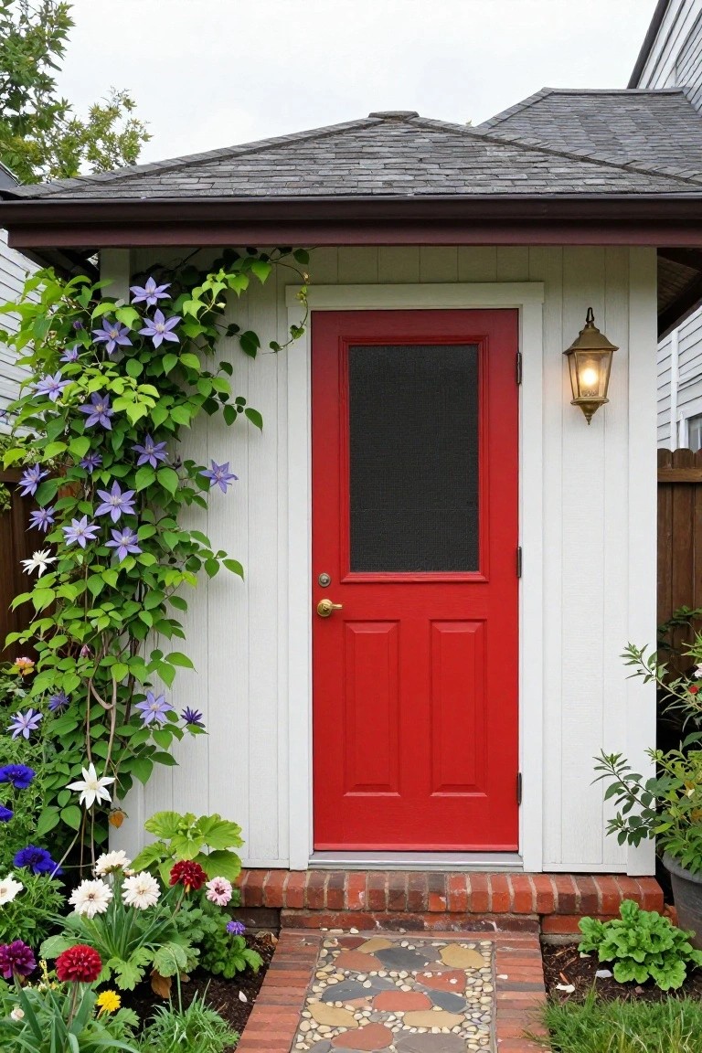 Small white wooden garden shed with red screened door, purple clematis vines climbing one side, colorful flower beds, and pebbled brick pathway in front.