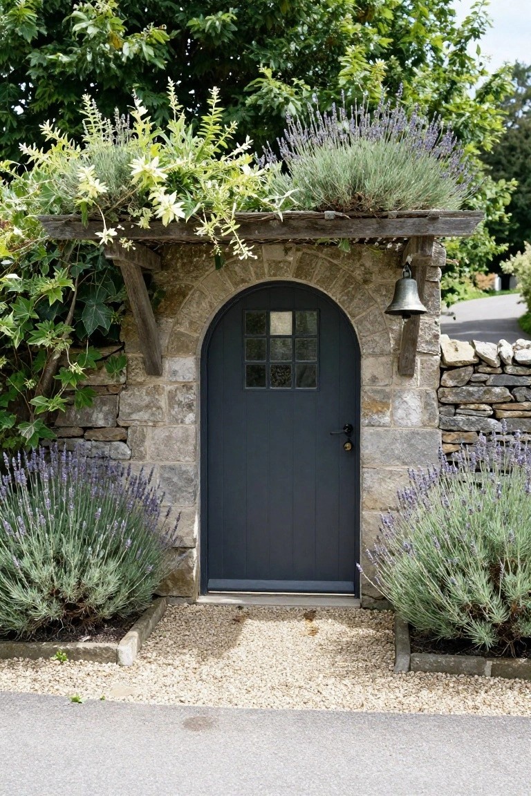 Arched dark wooden door in a stone wall gateway with wooden trellis overhead covered in climbing plants and ivy, flanked by lavender bushes in raised beds, gravel path in front, and stone wall beside a road.