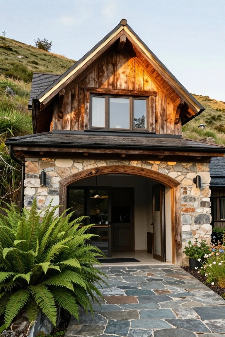 A small two-story cottage with weathered wood siding, dark shingled roof, stone base, and arched wooden entryway flanked by ferns and flowers on a stone path, set against grassy hills.