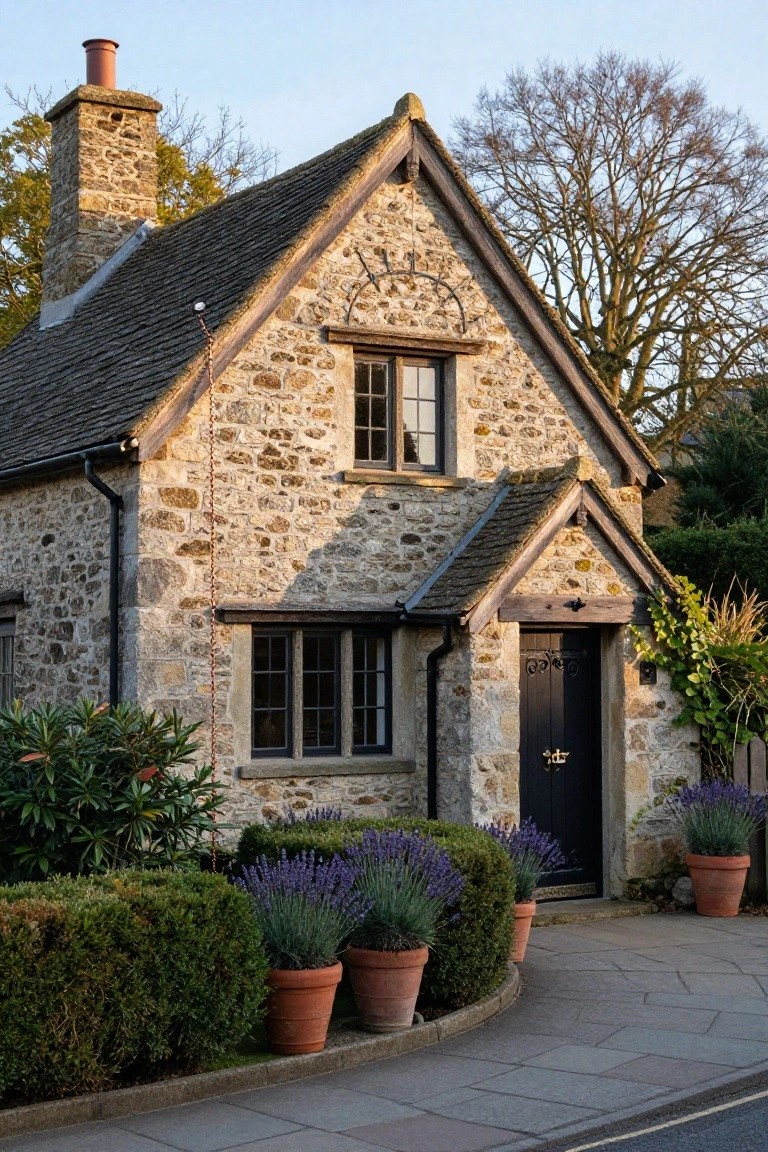 Small stone cottage with gabled slate roof, chimney, multi-pane windows, black front door under timber hood, flanked by lavender in terracotta pots and boxwood hedges along paved driveway.