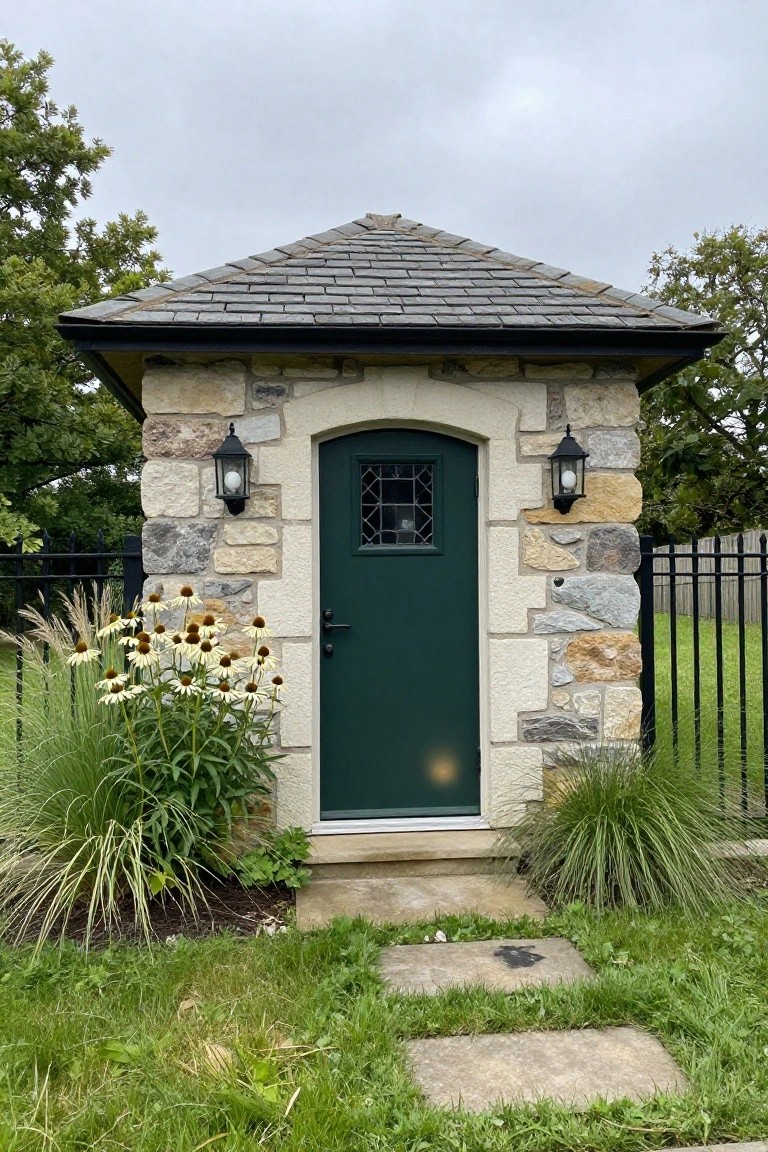 Small stone building with peaked slate roof, arched green door with grid window, stone lanterns on sides, ornamental grasses and coneflowers nearby, black metal fence behind, green lawn and trees around.