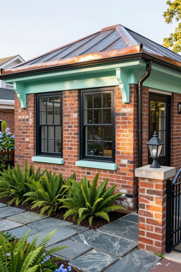 Small brick outbuilding with teal-painted upper trim and brackets, black-framed double-hung windows and door, copper standing-seam pyramidal roof, surrounded by ferns and a slate stone pathway to a black metal gate.