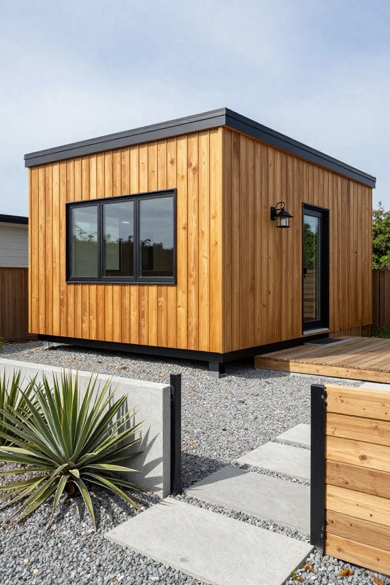 Small cube-shaped wooden cabin with vertical cedar cladding, black metal roof edge, large black-framed window, black door with wall lantern, on gravel base with concrete path, wooden gate, and agave plant nearby.