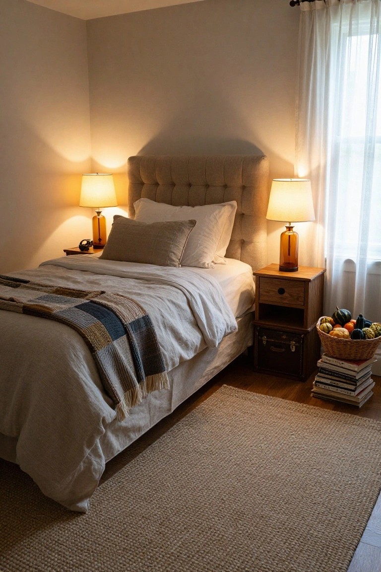 Cozy bedroom corner with beige tufted headboard bed dressed in white linens and plaid throw, wooden nightstands holding lamps and books, wicker basket of assorted mini pumpkins and gourds on the floor next to one nightstand, and seagrass rug.