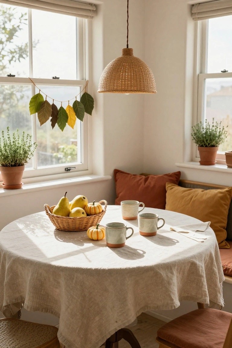 Sunlit indoor corner with white walls and large windows hung with leaf garland, built-in bench with rust and mustard cushions around a linen-covered table holding basket of yellow pears, small pumpkins, and two ceramic mugs, potted herbs on sills, rattan pendant lamp overhead.