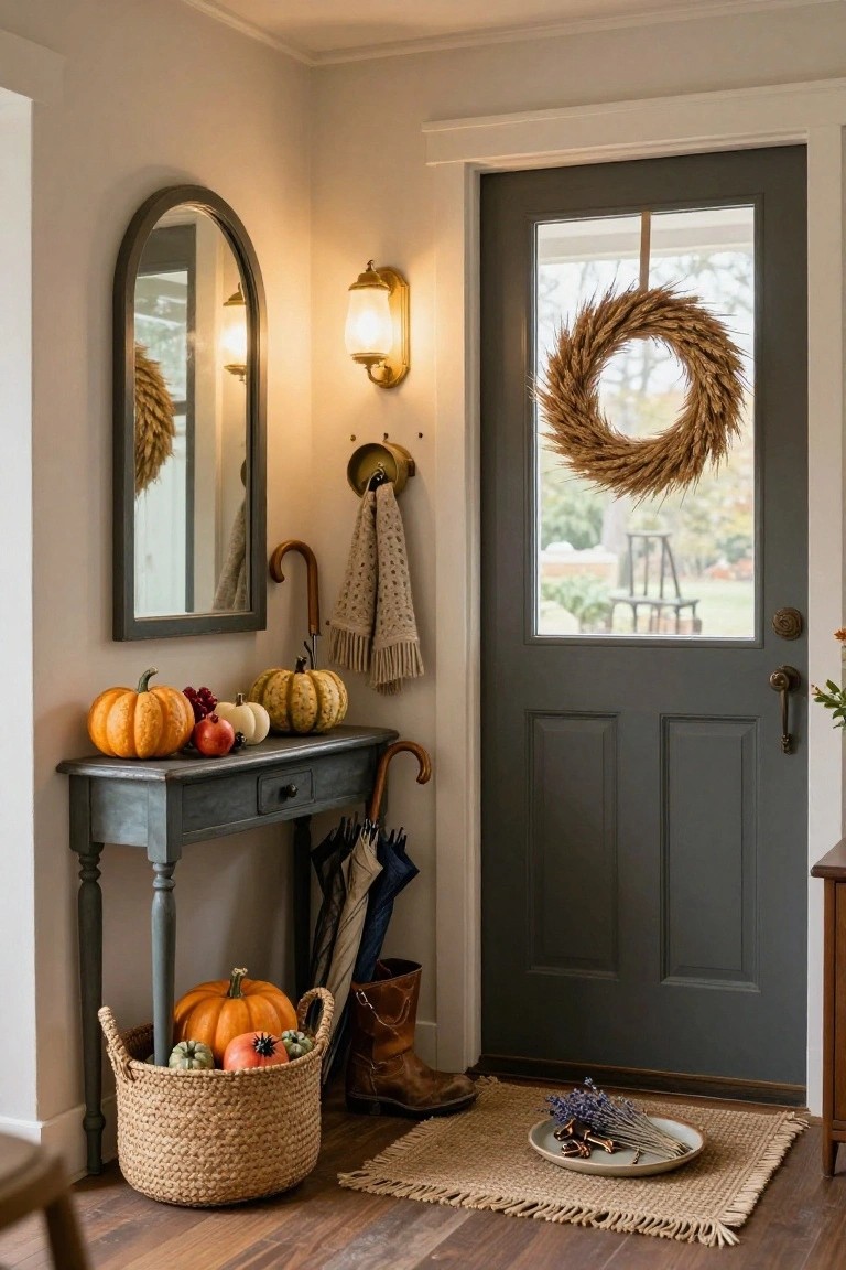 Entryway corner with arched black mirror, beige console table holding orange pumpkins, white gourds, red pomegranates, walking stick, umbrella stand, seagrass basket of pumpkins and gourds, leather boots, front door with wheat wreath, wall light, and woven rug.