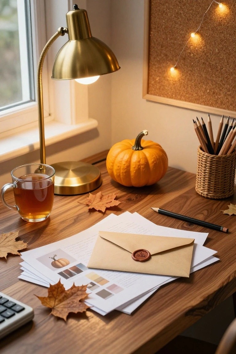 Wooden desk in a cozy room with gold adjustable lamp turned on, orange pumpkin, glass mug of tea, scattered autumn leaves, stack of papers and sealed envelope with wax seal, pencil holder with pencils, and calculator.