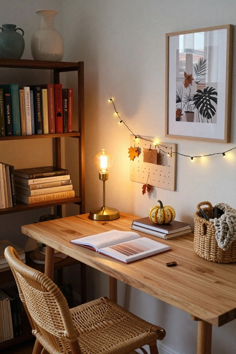 Wooden desk in a cozy room with open books, small decorative pumpkin, brass lamp with exposed bulb, fairy lights, corkboard with autumn leaves, bookshelves, and rattan chair.
