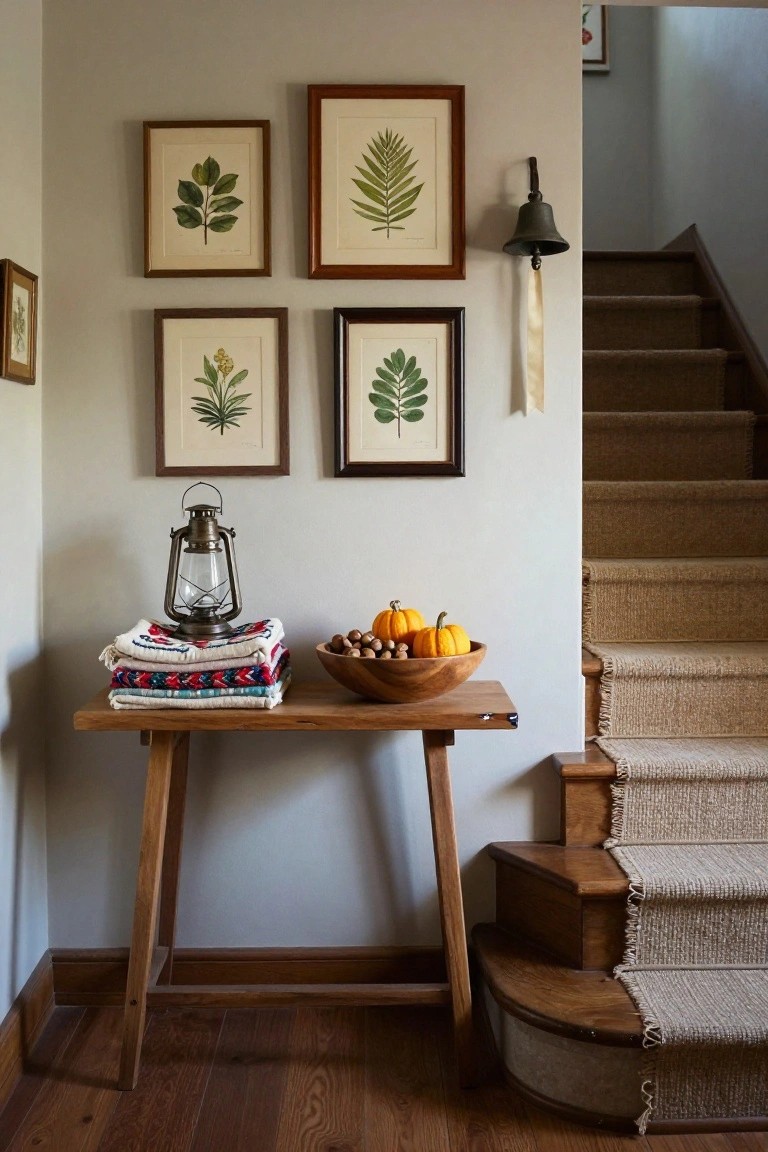 Small wooden console table at the base of carpeted wooden stairs holds stacked patterned textiles, metal lantern, and wooden bowl of small pumpkins and chestnuts; nearby walls display four framed botanical leaf prints and a hanging metal bell.