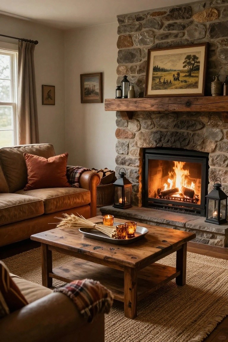 Living room with tan leather sofa facing a lit stone fireplace, wooden coffee table holding wheat stalks and amber candles, orange pillows, plaid throw, seagrass rug, and black lanterns on mantel and hearth sides.