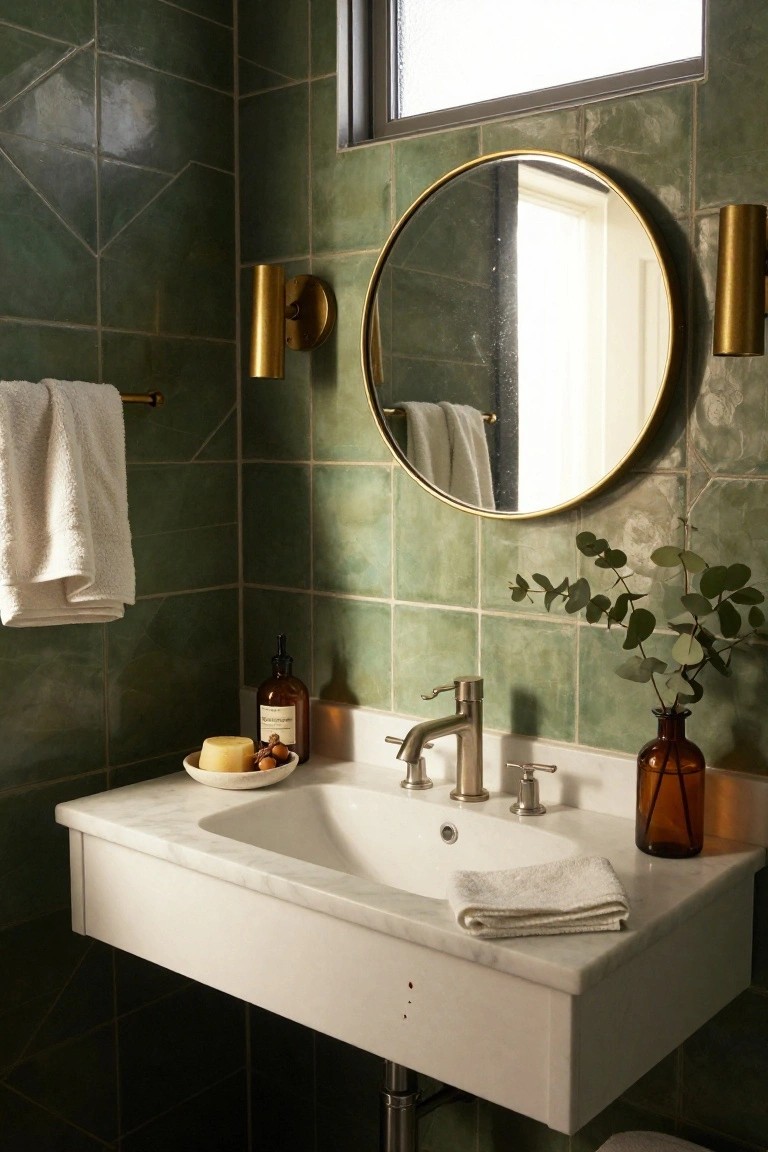 A bathroom with glossy emerald green tiles on the walls, round gold mirror with brass sconces, floating white sink with nickel faucet, small plants, and folded towels on the counter.