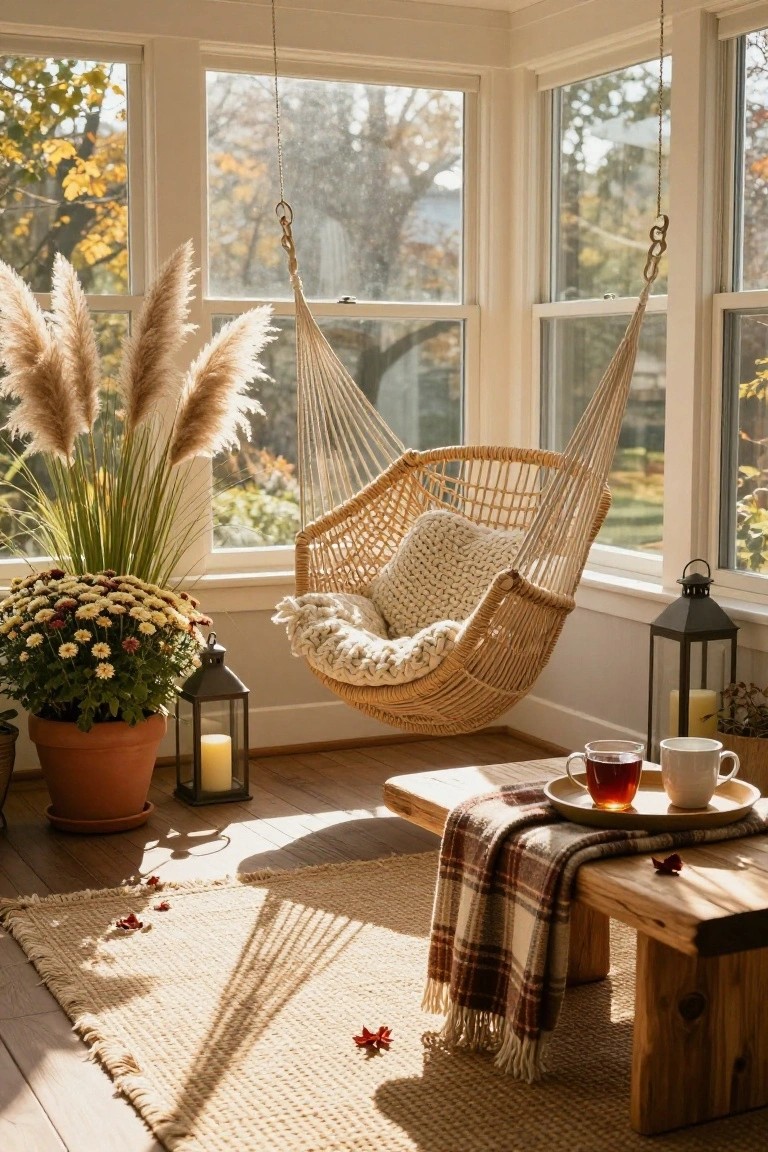 Sunroom corner with a beige woven hanging egg chair holding a white knit pillow, tall pampas grass plants, potted fall chrysanthemums, black metal lanterns, wooden low table with plaid blanket and tea cups, beige fringed rug, and windows showing autumn trees outside.