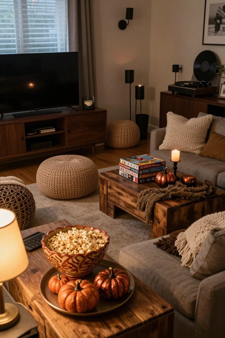 Cozy living room corner with gray sofa, multiple woven poufs on a rug, wooden coffee tables holding popcorn bowl, pumpkins, candles, and books, warm lamps, TV on media stand, and fall knits on furniture.
