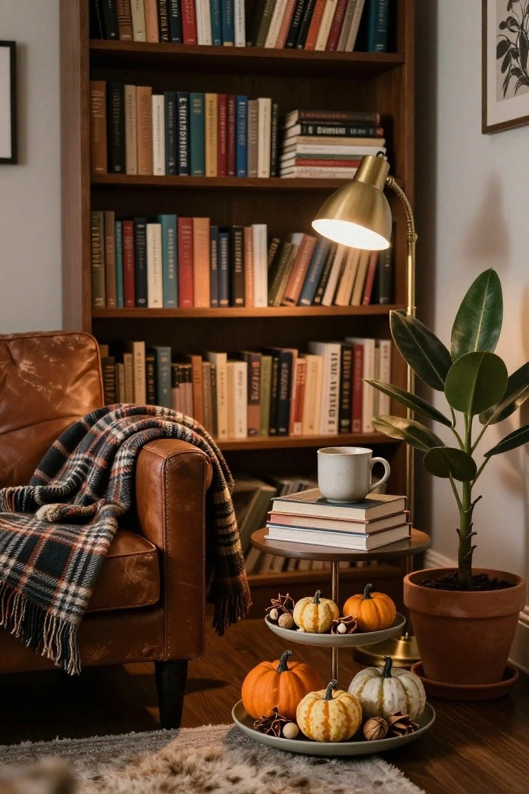 Brown leather armchair with plaid blanket draped over it in a room lined with wooden bookshelves, next to a tiered stand holding small pumpkins, stacks of books, a white mug, potted plant, and brass lamp on wooden floor.