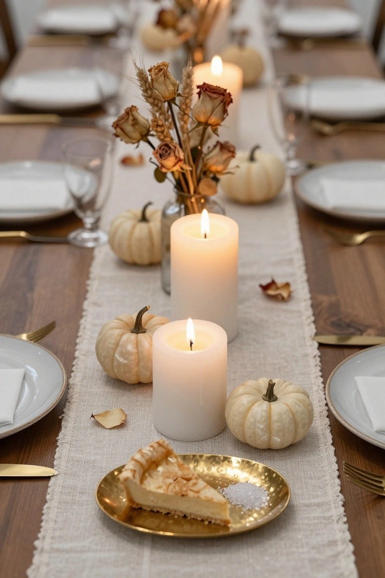 Close-up view of a wooden dining table decorated with a white linen runner, small white pumpkins, pillar candles, dried roses and wheat in a vase, gold-rimmed plates, and a slice of cheesecake on a hammered gold dish.