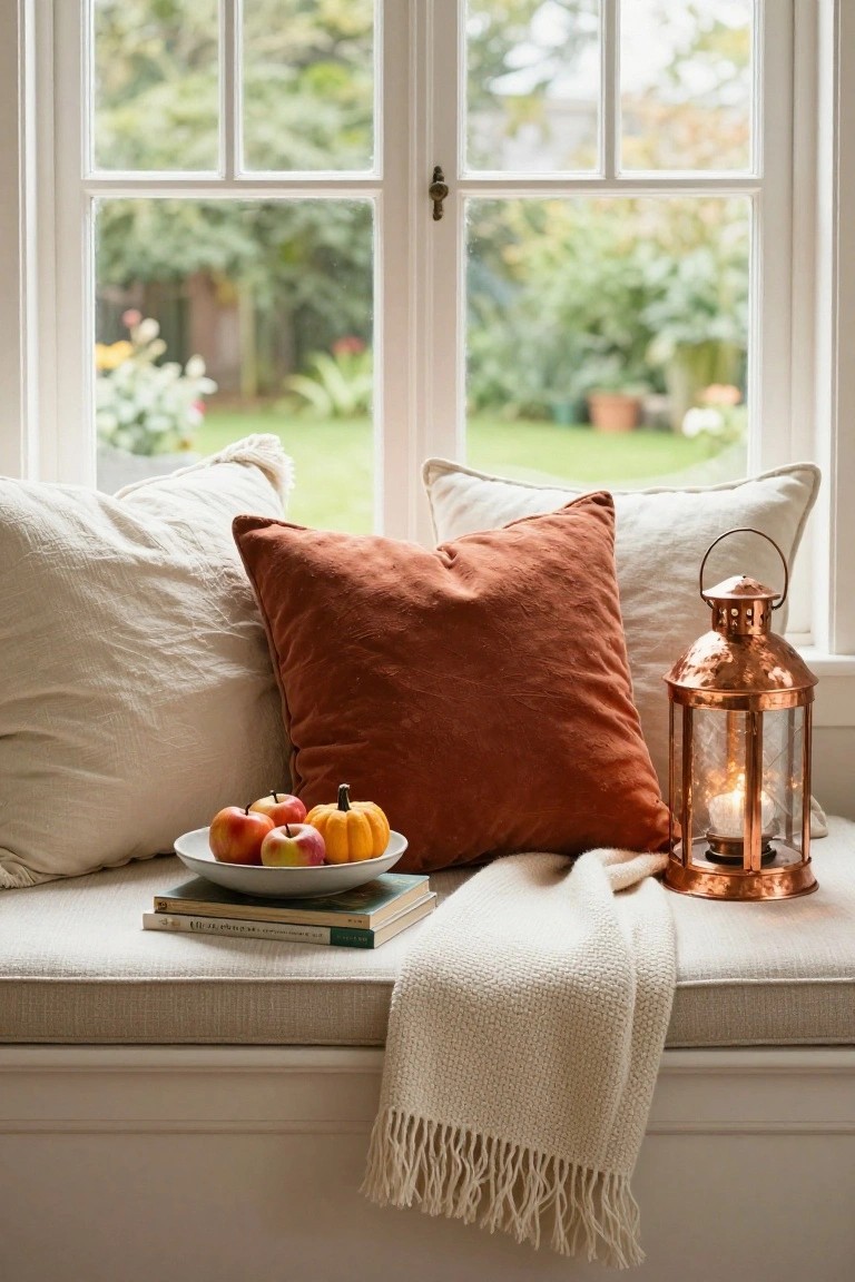 Window seat with cream and rust pillows, plate of red apples and small pumpkin, copper lantern with candle, books, and white fringed throw blanket inside white-framed windows overlooking a green garden.