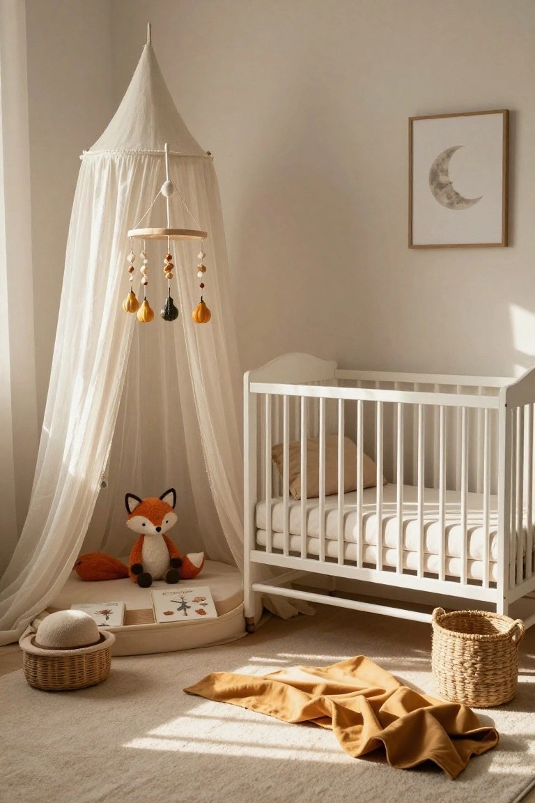 White canopy tent over a white crib in a light nursery room with a wooden mobile of orange pumpkins hanging inside, a fox plush toy on the mattress, books nearby, and beige baskets and rug on the floor.