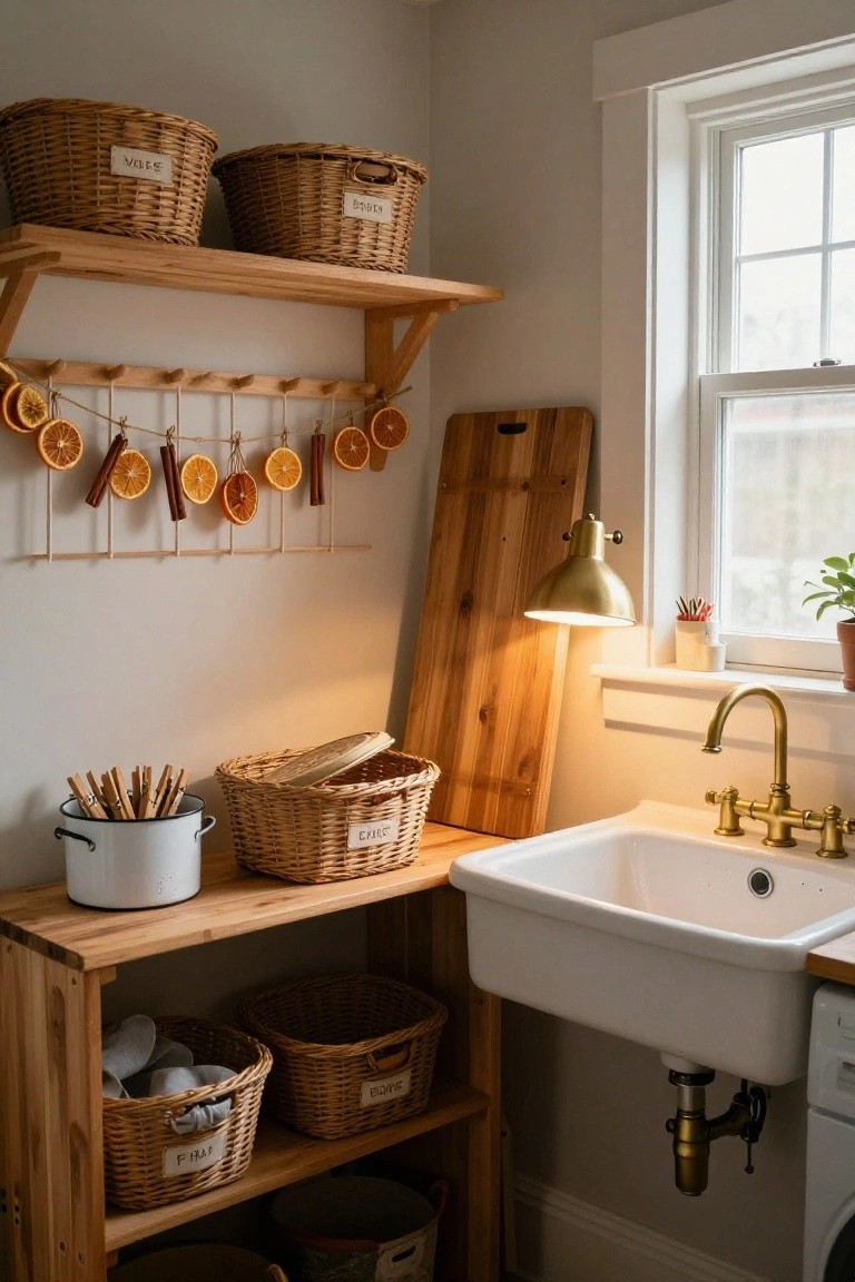 Interior view of a laundry room featuring wooden shelves with labeled wicker baskets, a white farmhouse sink with brass faucet, a leaning wooden cutting board, hanging dried orange slices and cinnamon sticks on wooden pegs, and potted plants near a window.