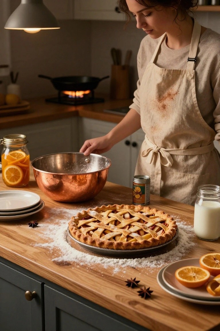 Woman in beige apron reaches toward copper bowl on wooden kitchen counter next to lattice apple pie, with oranges, milk jug, and spice can nearby.