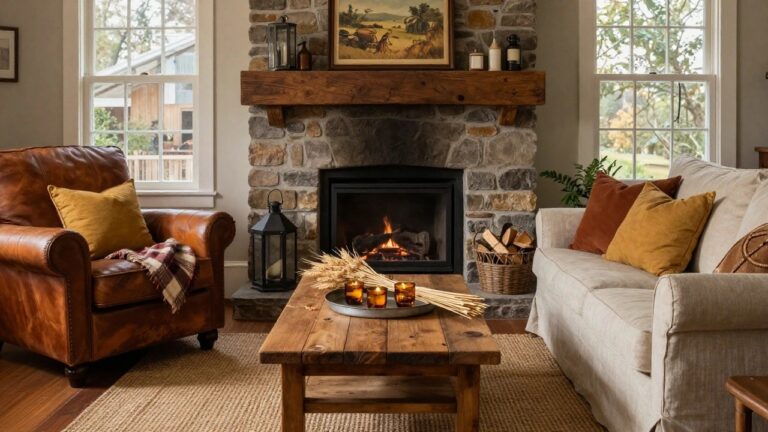 Living room with tan leather sofa facing a lit stone fireplace, wooden coffee table holding wheat stalks and amber candles, orange pillows, plaid throw, seagrass rug, and black lanterns on mantel and hearth sides.
