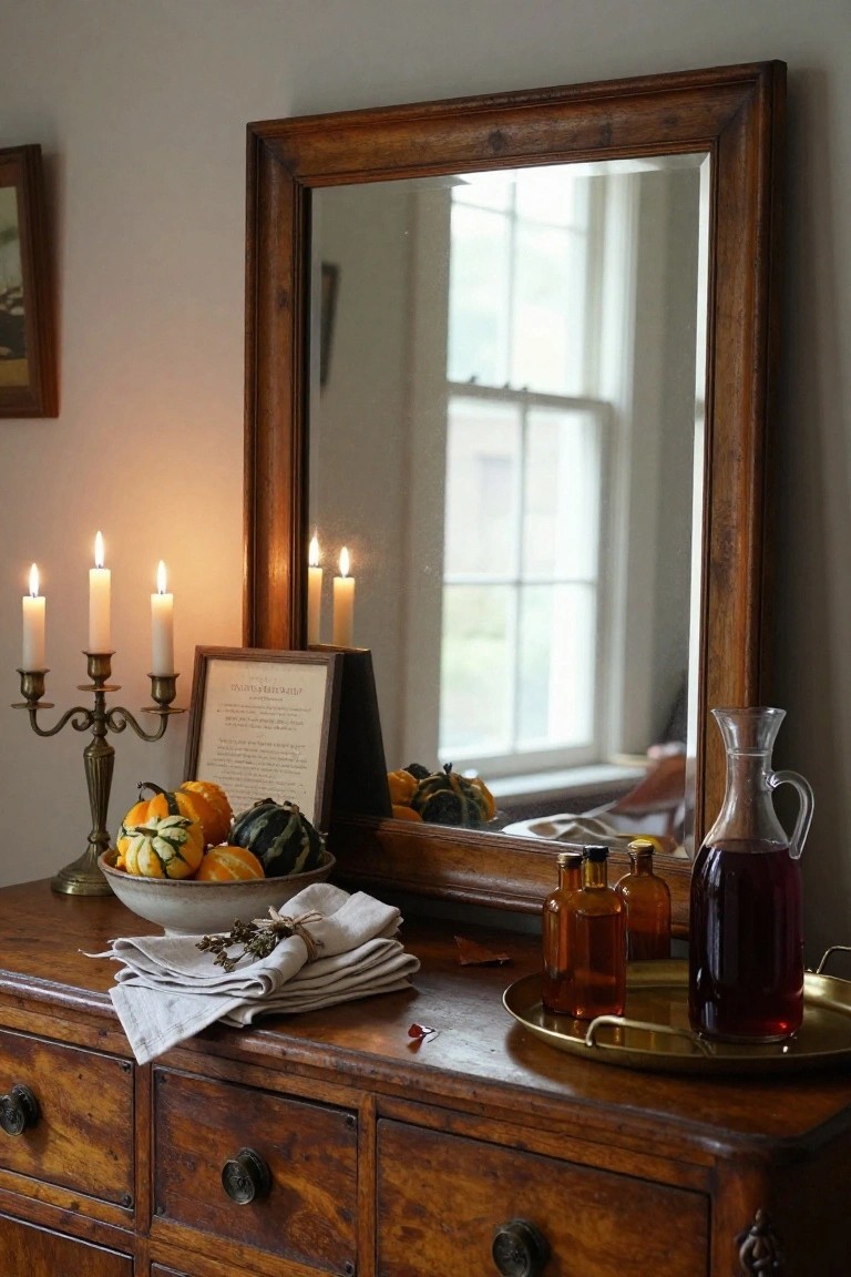 Wooden dresser with ornate mirror above, topped with brass candelabra holding four lit candles, small pumpkins, woven bowl, folded linen cloths, glass bottles with amber liquid, brass tray with carafe of red liquid, and framed paper sign.