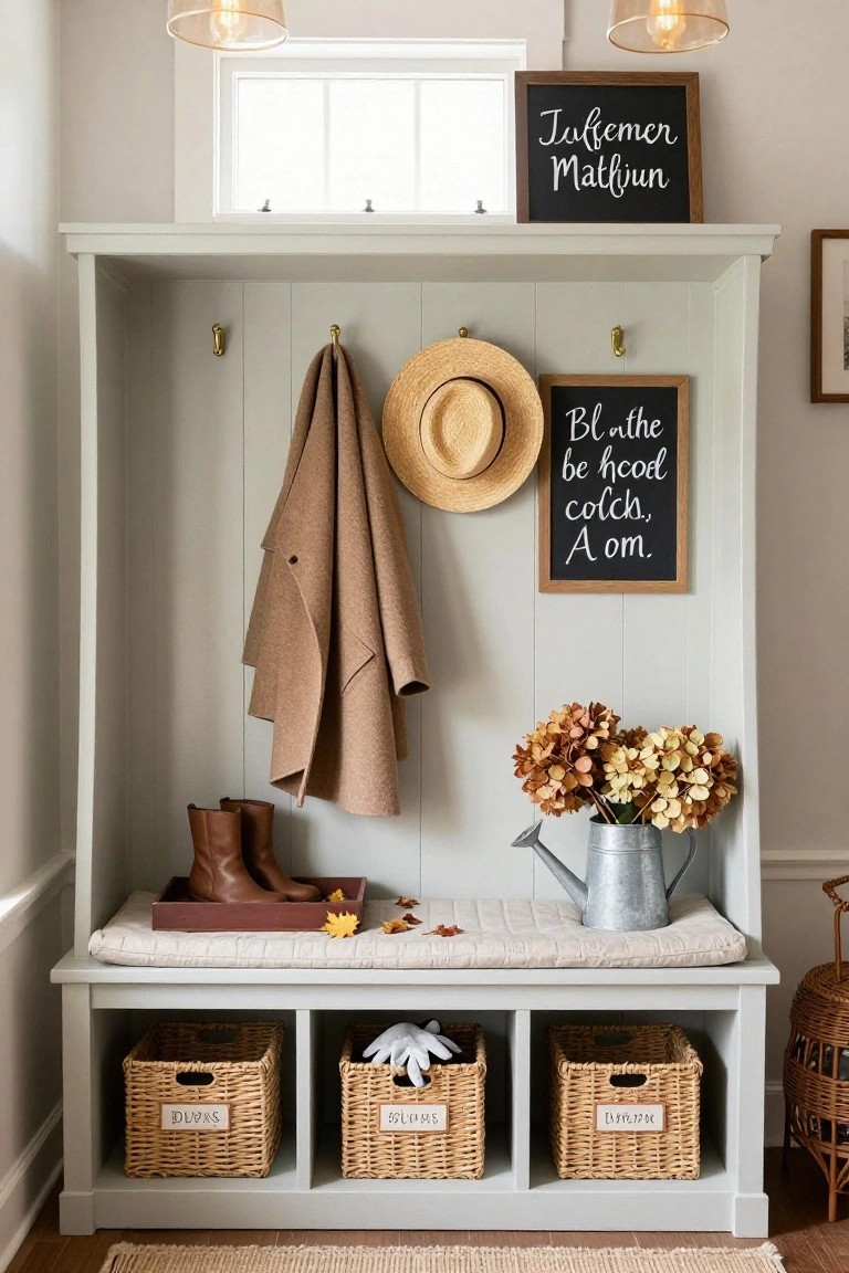 Gray wood mudroom cabinet with upper hooks holding a camel coat and straw hat, lower bench seat with brown boots and fall leaves on a red tray, three labeled wicker baskets in cubbies, dried hydrangeas in a metal watering can, and chalkboard signs on the wall.