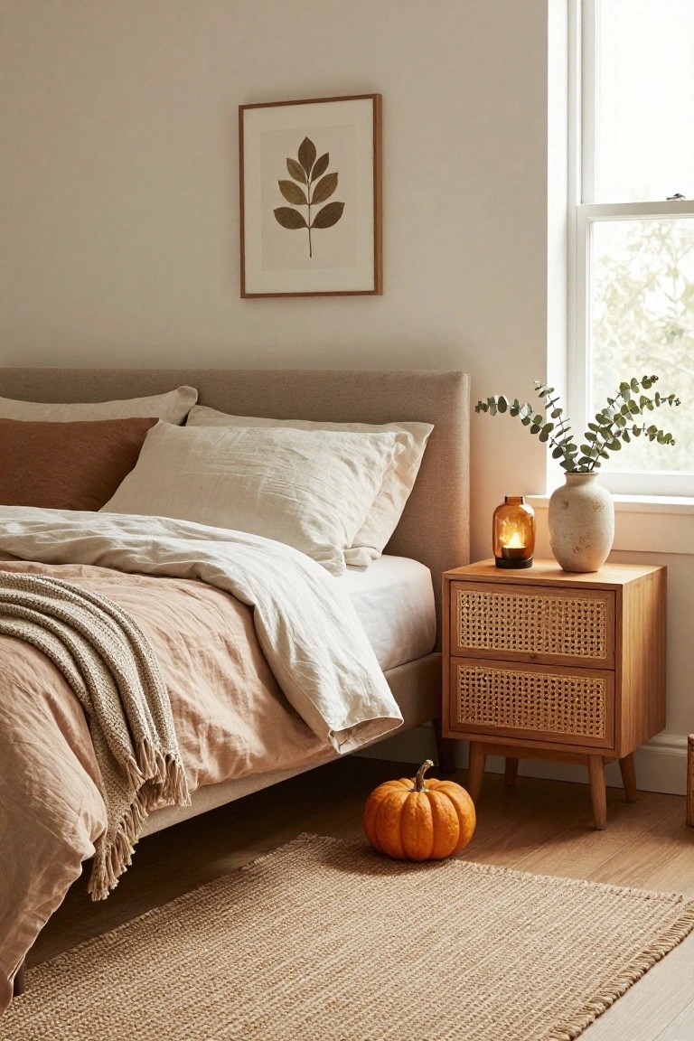 Bedroom corner with upholstered bed in neutral linens and throw, rattan nightstand holding amber glass candle and white vase, eucalyptus in window, framed leaf print on wall, seagrass rug, and orange pumpkin on floor.