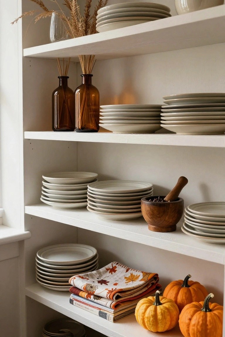 White open kitchen shelving displaying stacked white plates, wooden bowl with pestle, amber glass bottles with reeds, small orange pumpkins, and folded fall dish towels.
