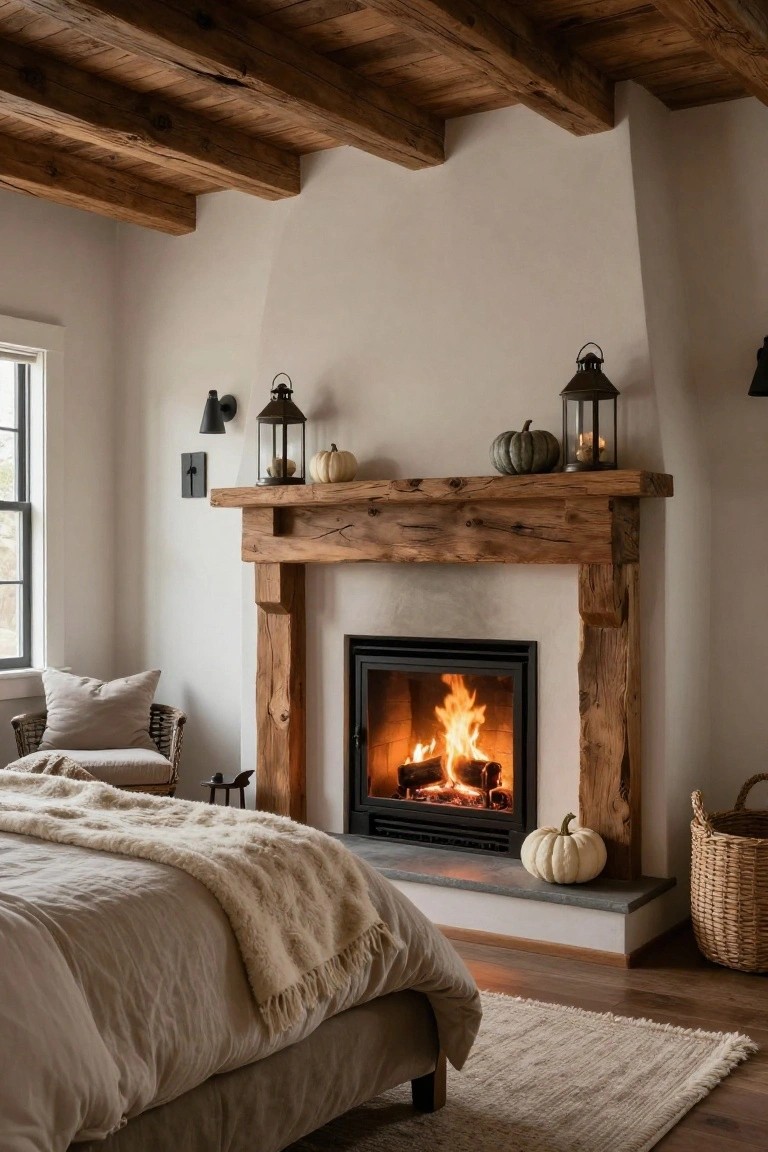 Bedroom with rustic wooden mantel fireplace holding small pumpkins and lanterns, lit fire inside, bed with white throw blanket nearby, wicker chair and basket.