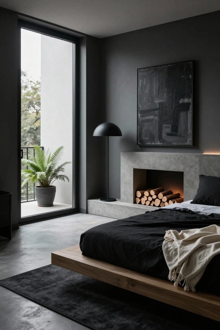 Modern bedroom interior with charcoal gray walls, floating wooden platform bed with black linens and white throw, concrete fireplace built into wall behind bed with stacked firewood, arched black floor lamp, large abstract black painting, potted fern plant near floor-to-ceiling window with balcony view of trees.