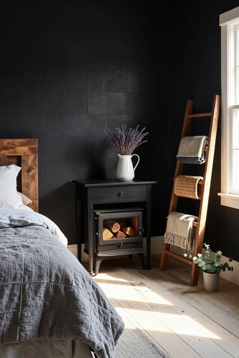 Dark tiled black walls in a bedroom corner with a wooden bed frame and gray linens, black nightstand holding a white jug of lavender, small black wood stove containing logs, wooden ladder rack with blankets and basket, and potted eucalyptus plant by a window.