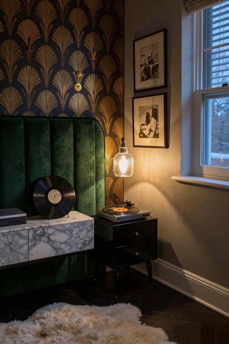 Bedroom corner showing navy wallpaper with repeating gold Art Deco fan motifs, emerald green tufted velvet headboard, marble console table with stacked vinyl records, black wood nightstand holding a glass pendant lamp and turntable, sheepskin rug on dark wood floor, next to a window with bamboo blinds.