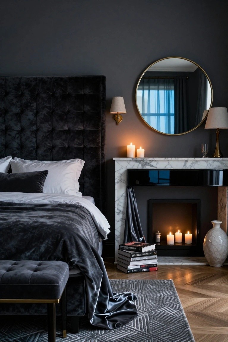 Dark navy bedroom with black velvet tufted headboard, white bedding, marble fireplace mantel holding candles and books, large gold mirror, and parquet flooring.