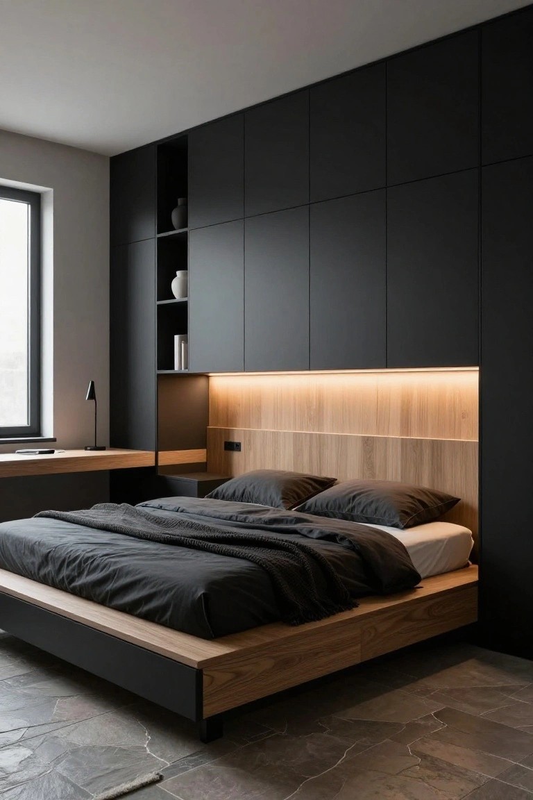 Modern bedroom with black built-in wardrobes covering one wall, integrated wood desk, platform bed with oak frame and headboard, LED strip lighting, and gray stone tile floor.