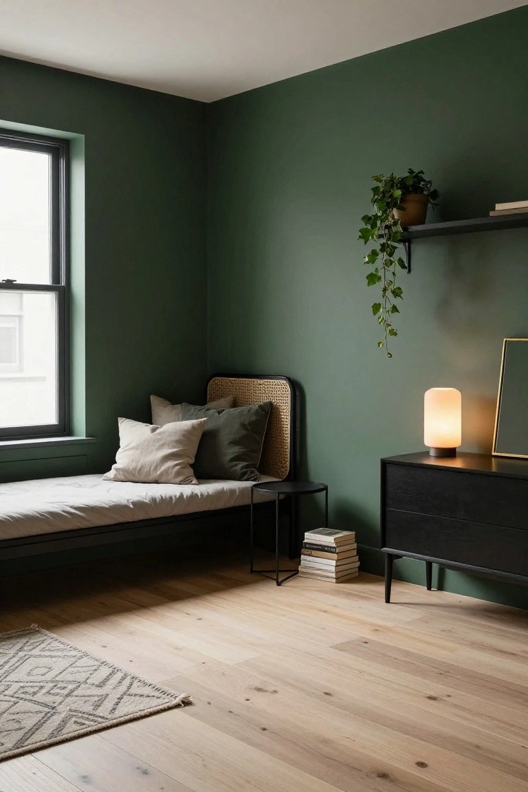 Corner of a bedroom with deep green walls, rattan bed frame holding white bedding and neutral pillows, black dresser and side table with books, potted ivy plant on shelf, gold mirror, and light wood floors with woven rug.