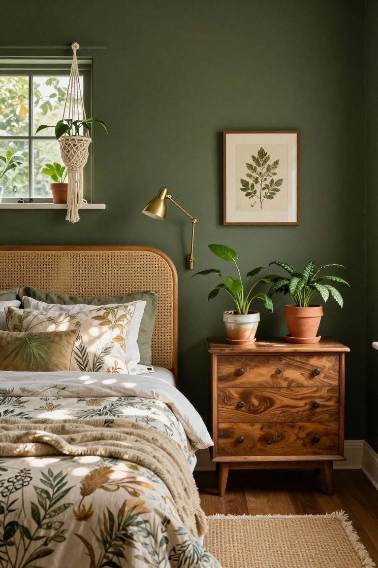 Bedroom interior with deep green walls, rattan headboard bed draped in light botanical bedding, wooden nightstand holding two potted plants, hanging macrame planters near a window, gold adjustable lamp, and framed leaf print on wall.