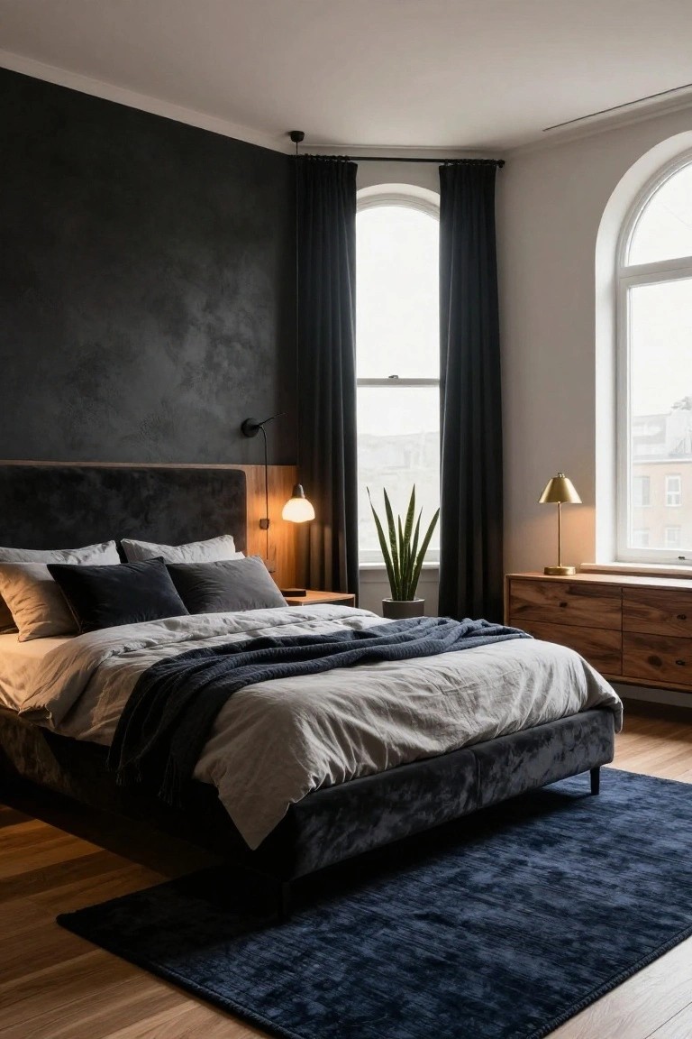 Bedroom with dark textured accent wall, black velvet upholstered bed with light gray linens and throws, wooden nightstand and dresser, potted snake plant, gold lamps, and arched windows with black curtains over hardwood floors and navy rug.