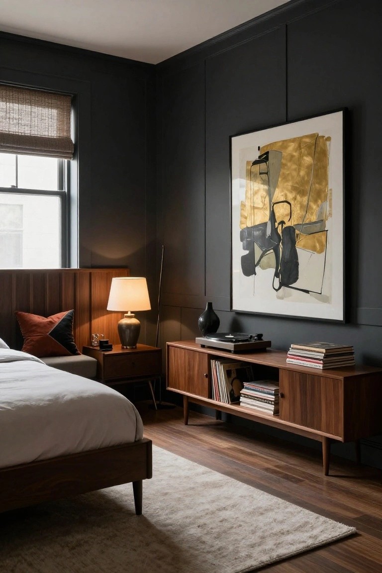 Corner of a bedroom with dark gray paneled walls, wood headboard bed with white bedding and rust pillow, walnut nightstand with ceramic lamp, adjacent walnut credenza holding records books and turntable, large abstract black and gold painting, and beige rug on hardwood floor.