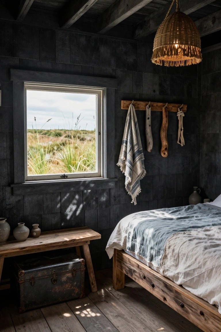 Dark wood-paneled bedroom interior with wooden bed frame and light linens, bench with pottery and trunk, window view of grassy dunes and sky, towels and ropes on wall hooks, and hanging rattan lamp.